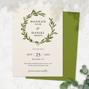Olive Branch Wreath Save the Date card   Ivory