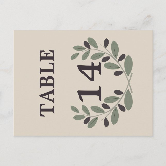 Olive branch wreath wedding table number postcard (Front)