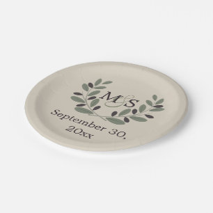 Olive branch wreath with initials wedding paper plate