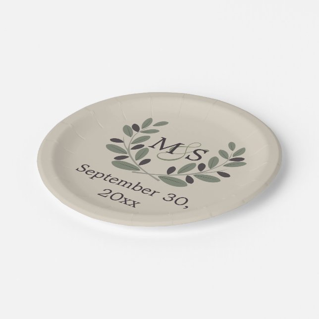 Olive branch wreath with initials wedding paper plate (Angled)