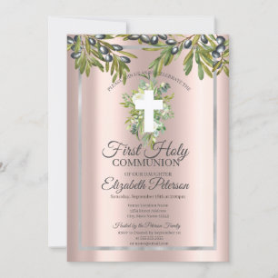 Olive Branches Floral Cross First Holy Communion  Invitation