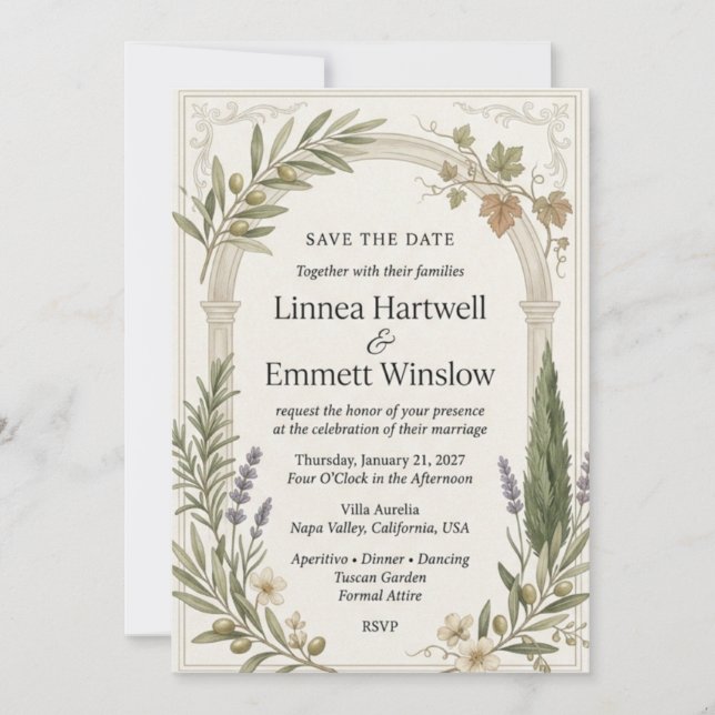 Olive Branches, Grapevines, Rosemary, Lavender, Cy Invitation (Front)