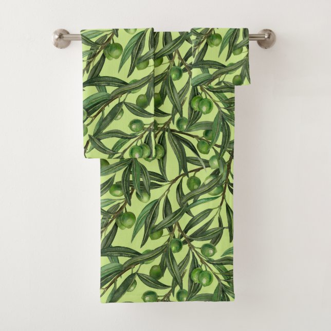 Olive branches on honeydew green bath towel set (Insitu)
