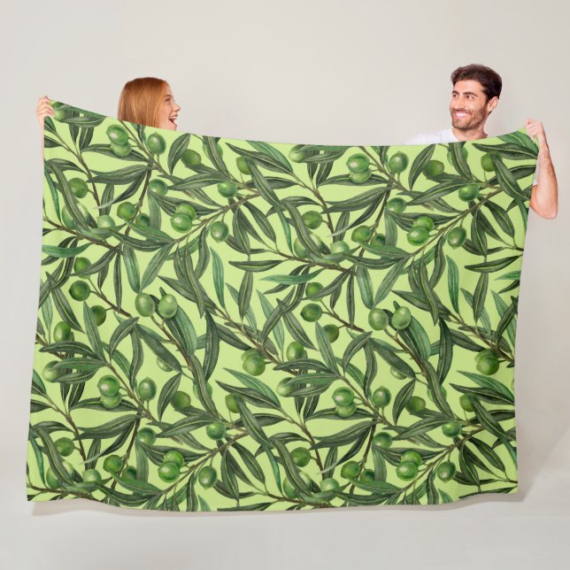 Olive branches on honeydew green fleece blanket (In Situ)