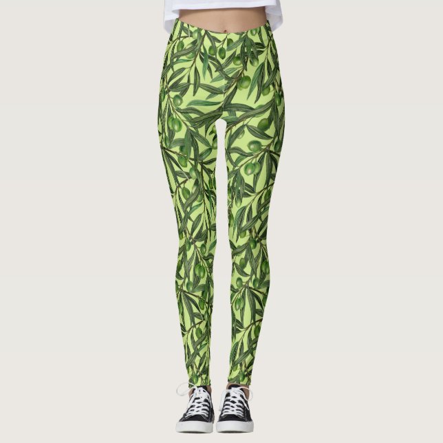 Olive branches on honeydew green leggings (Front)