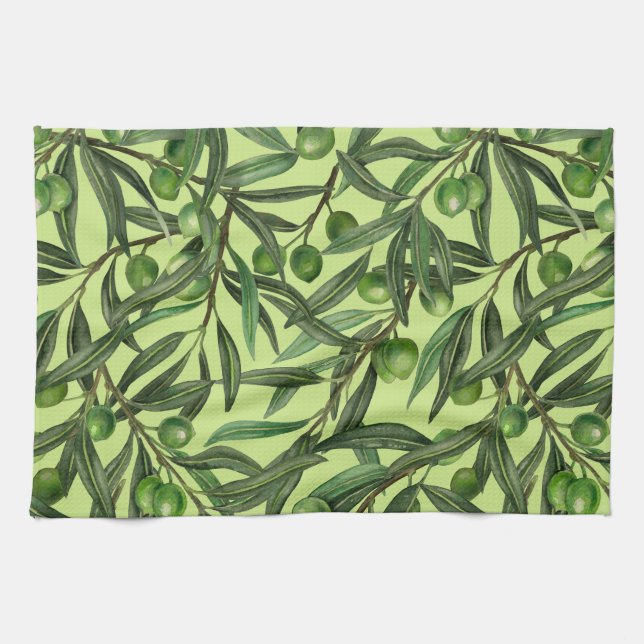 Olive branches on honeydew green tea towel (Horizontal)