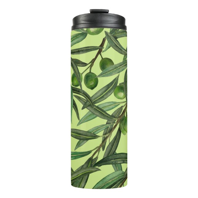 Olive branches on honeydew green thermal tumbler (Front)