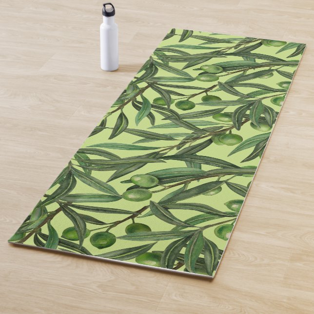Olive branches on honeydew green yoga mat (In Situ)
