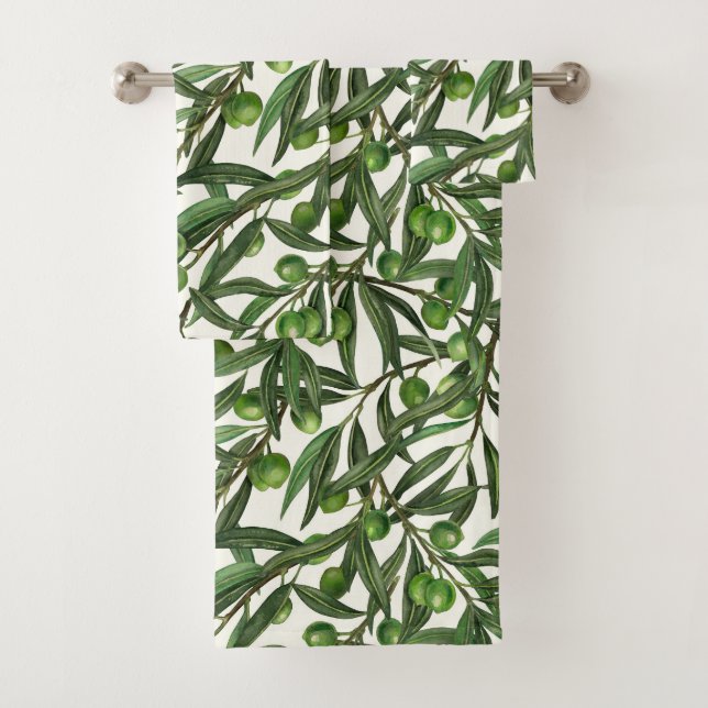 Olive branches on off white bath towel set (Insitu)