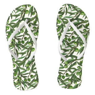 Olive branches on off white flip flops