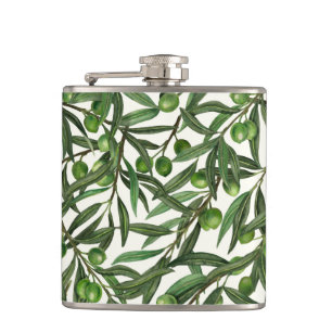 Olive branches on off white hip flask