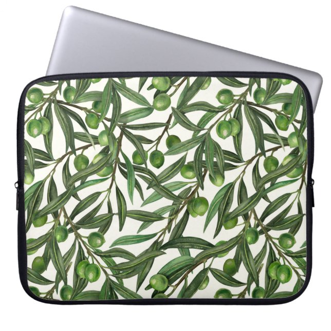 Olive branches on off white laptop sleeve (Front)