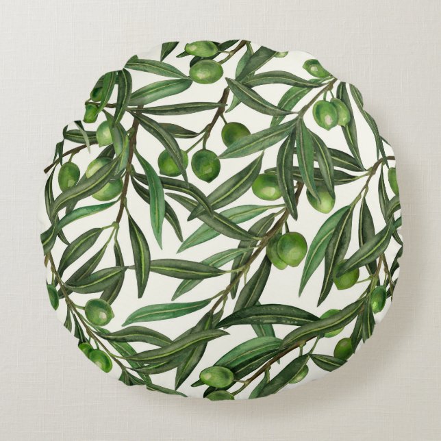 Olive branches on off white round cushion (Front)