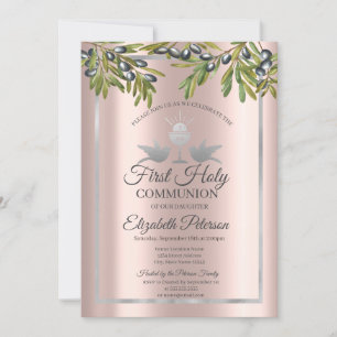 Olive Branches Rose Gold First Holy Communion   Invitation