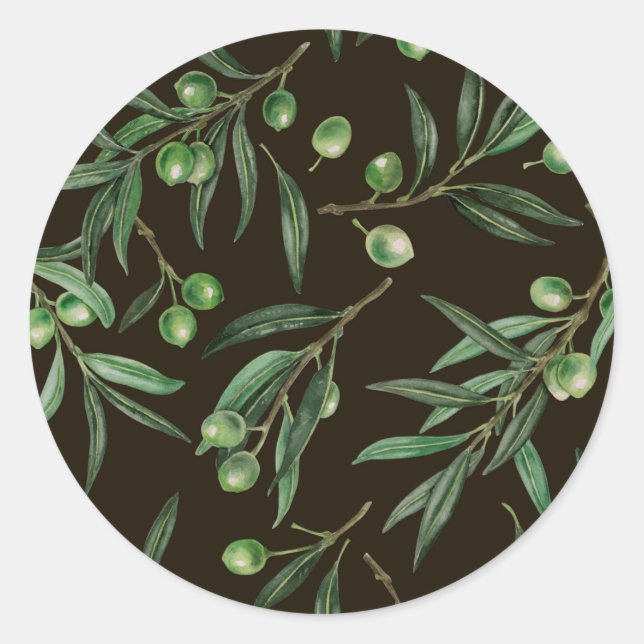 Olive branches watercolor on black classic round sticker (Front)