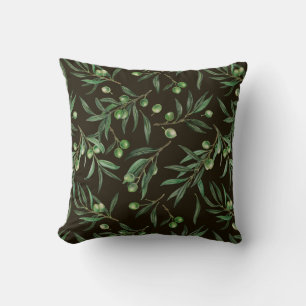 Olive branches watercolor on black cushion