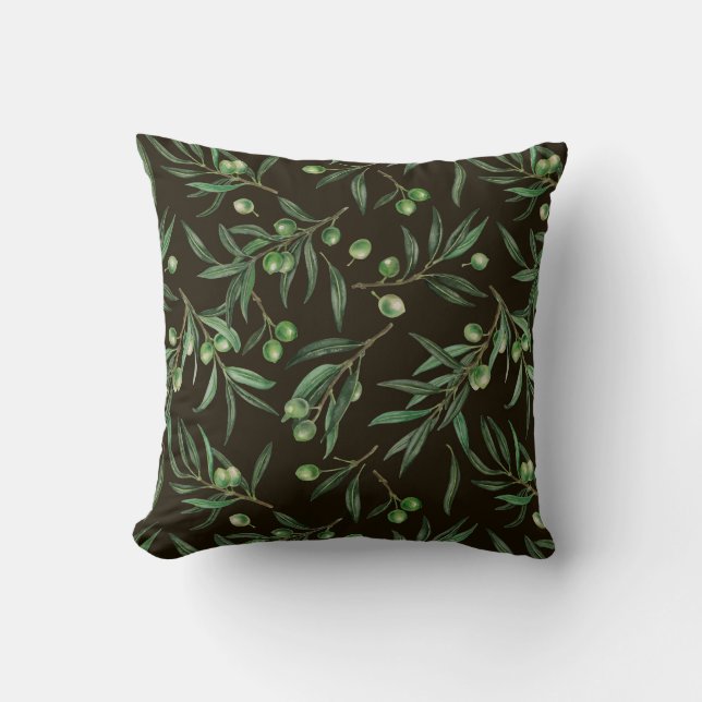 Olive branches watercolor on black cushion (Front)