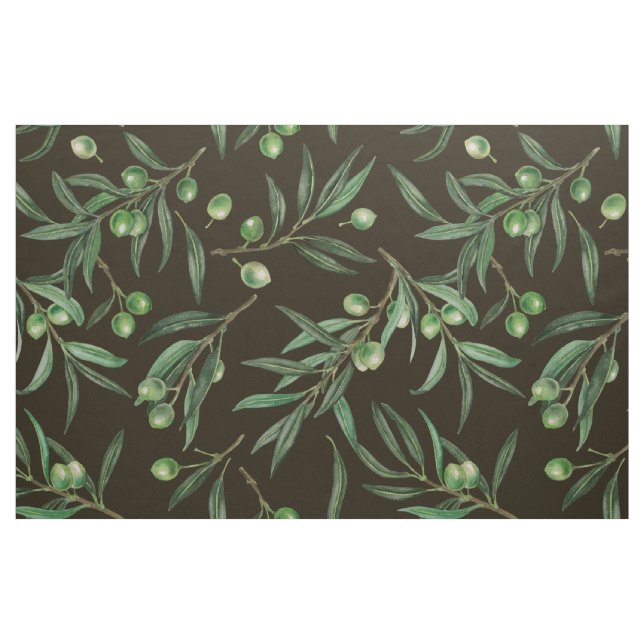 Olive branches watercolor on black fabric (Fat Quarter)