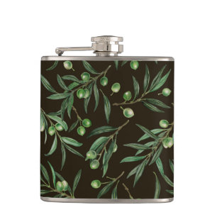 Olive branches watercolor on black hip flask