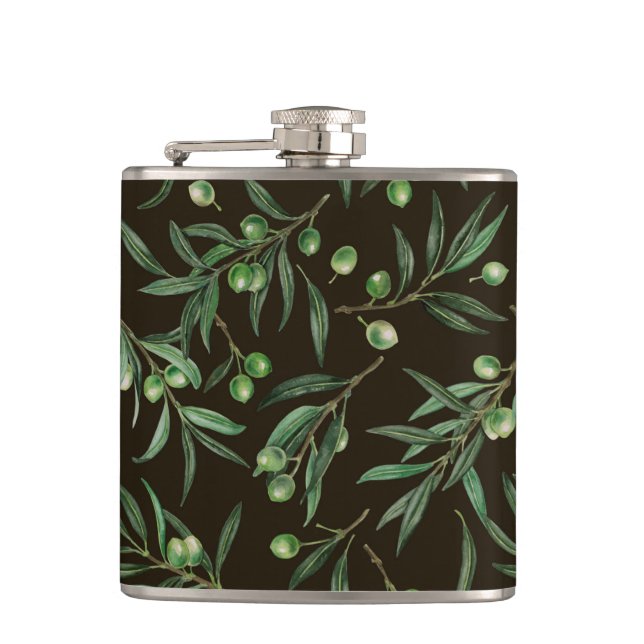 Olive branches watercolor on black hip flask (Front)