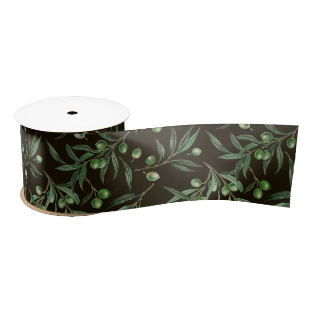 Olive branches watercolor on black satin ribbon (Spool)