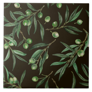 Olive branches watercolor on black tile