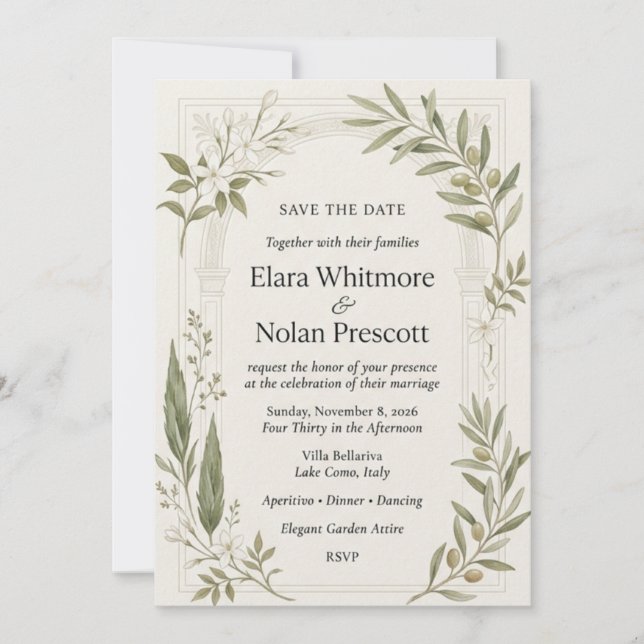 Olive Branches, White Jasmine, Cypress Trees, Arch Invitation (Front)