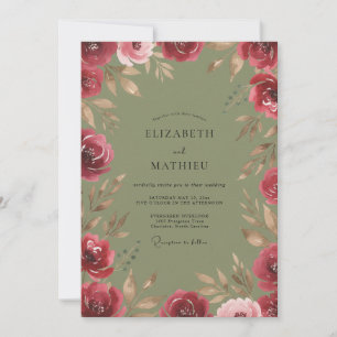 Olive Burgundy Leafy Wedding Invitation