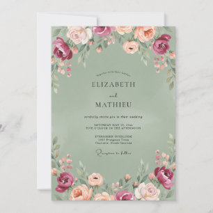 Olive Burgundy Ranunculus Eucalyptus Wedding Invitation