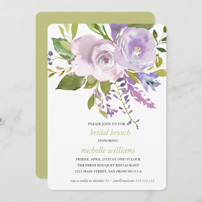 Olive | Chic Lavender Floral Wedding Bridal Brunch Invitation (Front/Back)