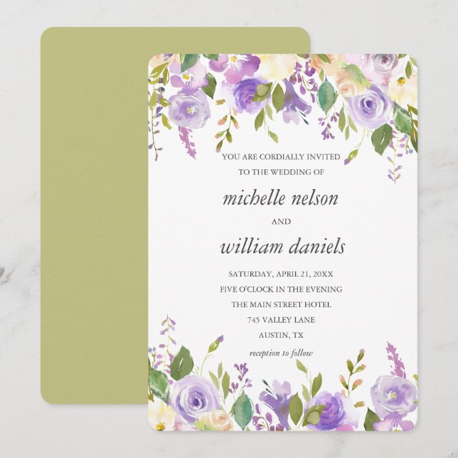 Olive | Chic Lavender Watercolor Floral Wedding Invitation (Front/Back)