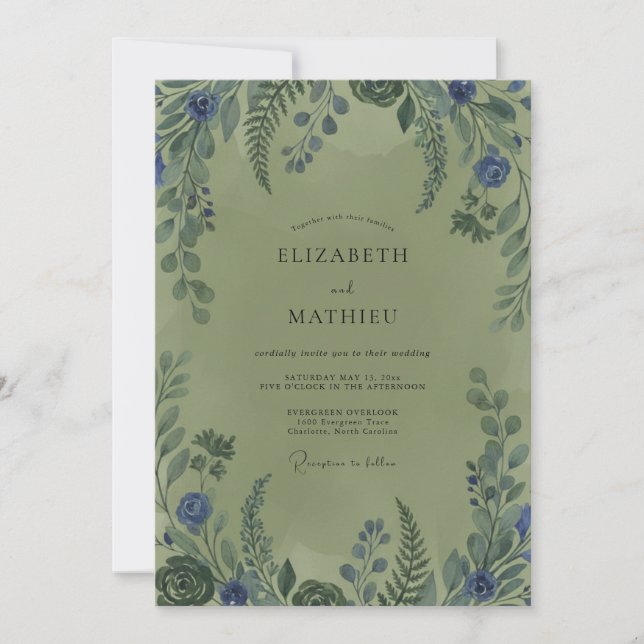 Olive Cobalt Fern Wedding Invitation (Front)