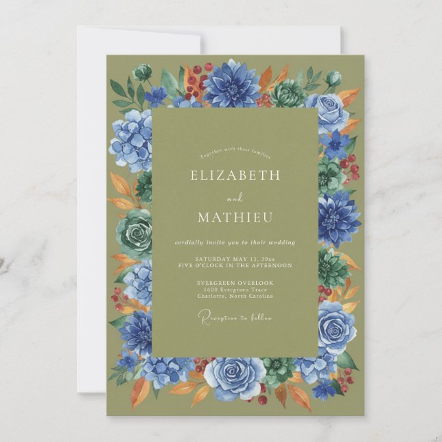 Olive Cobalt Painted Wedding Invitation (Front)