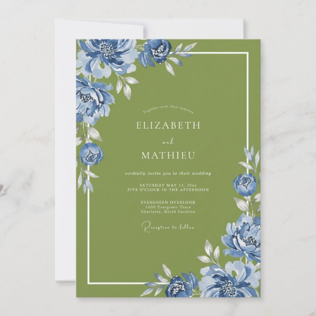 Olive Cobalt Petal Wedding Invitation (Front)