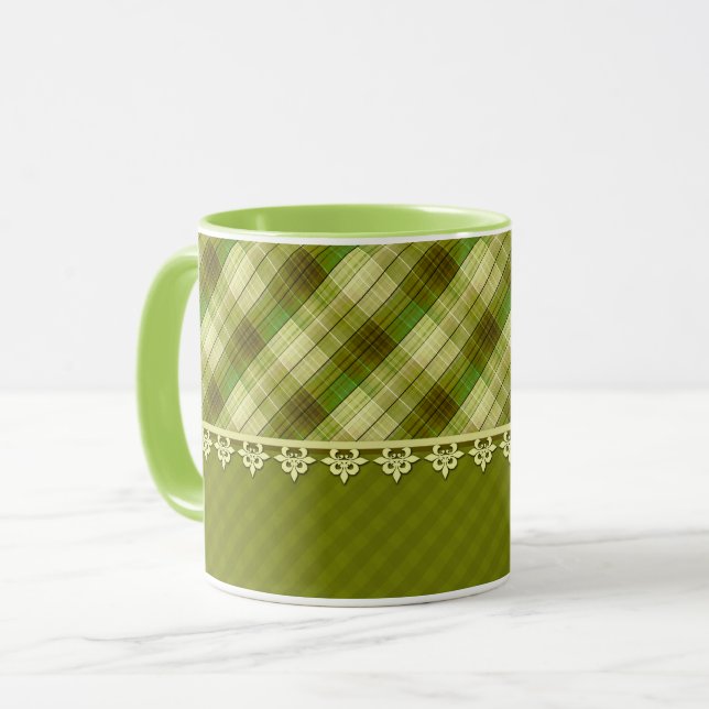 Olive colour patchwork, olive plaid, green mug (Front Left)