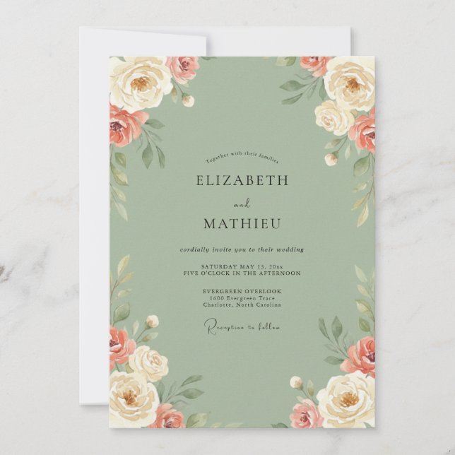 Olive Coral Blossom Wedding Invitation (Front)