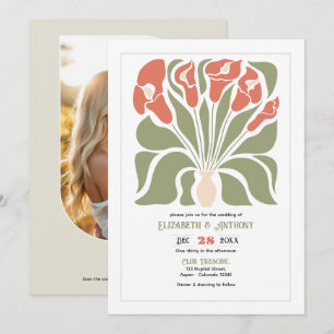 Olive & Coral Clay Abstract Floral Boho Wedding Invitation