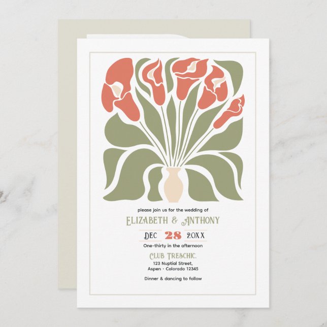 Olive & Coral Clay Abstract Floral Boho Wedding Invitation (Front/Back)