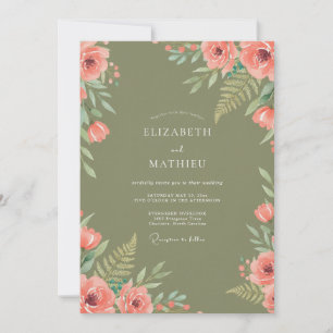 Olive Coral Fern Wedding Invitation