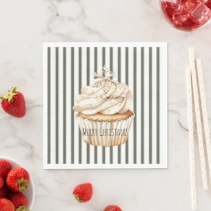 Olive Cream Stripes Snowflake Cupcake Christmas Napkin