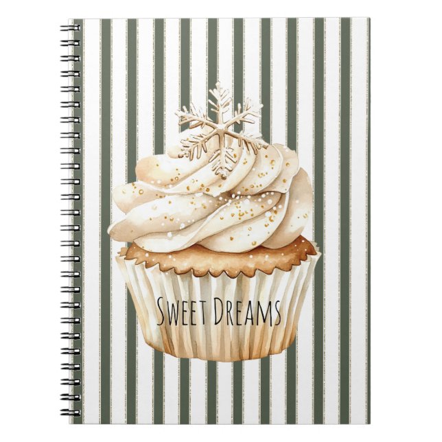 Olive Cream Stripes Snowflake Cupcake Christmas Notebook (Front)