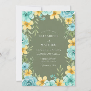 Olive Cyan Yellow Wildflower Wedding Invitation