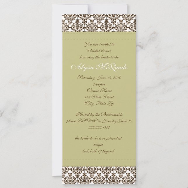 olive damask bridal shower invitation (Front)