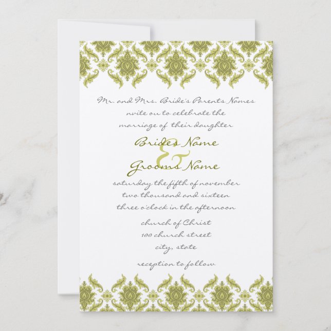 Olive Damask Monogram Wedding Invitation (Front)