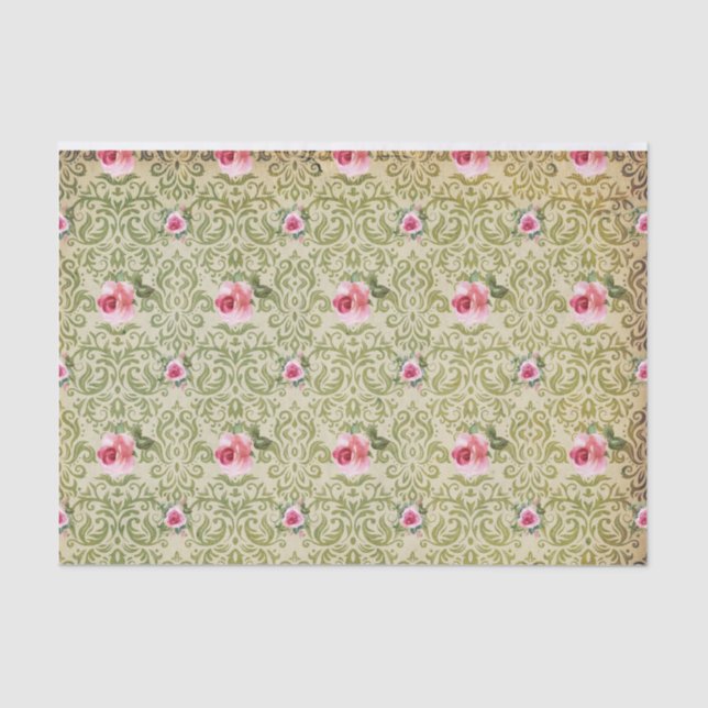Olive Damask & Roses Tissue Paper (Front)