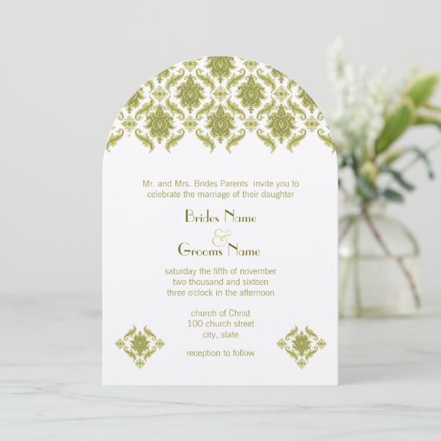 Olive Damask Wedding Invitation (Standing Front)