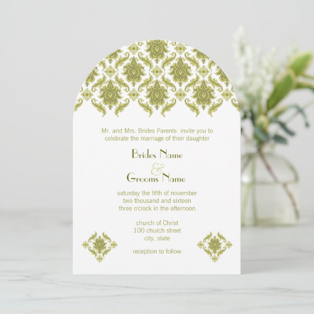Olive Damask Wedding Invitation (Standing Front)