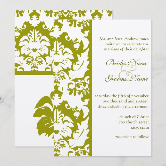Olive Damask Wedding Invitations (Front/Back)