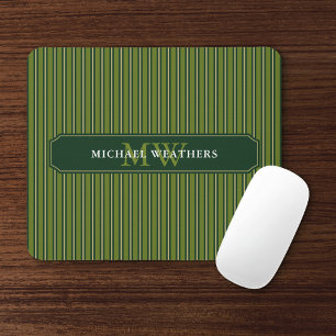 Olive & Dark Green Stripes Your Name and Initials Mouse Mat