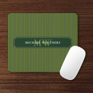 Olive & Dark Green Stripes Your Name and Initials Mouse Mat